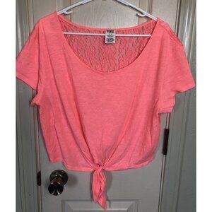 Pink Victoria’s Secret Womens Pink Med Short Sleeve Lacy Tied Half Shirt.